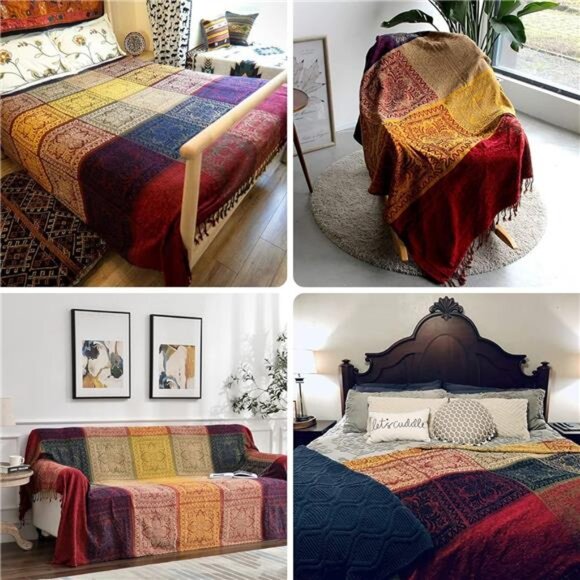 Boho Throw Blanket, Chenille Jacquard Tassels Throw Blankets for Bed Couch Soft - Picture 4 of 7